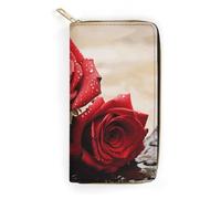 NONHAI Portefeuille pour femme en cuir avec motif de roses rouges pour le travail, portefeuille à fermeture éclair, porte-téléphone, portefeuille long ultra fin avec poche à fermeture éclair pour le