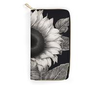 NONHAI Portefeuille pour femme en cuir avec motif tournesol noir et gris pour le travail avec fermeture éclair pour téléphone portable, portefeuille long avec poche à fermeture éclair pour le