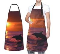 NONHAI Tabliers de cuisine pour homme et femme - Tablier de chef imperméable avec poches - Tablier de barbecue motif dauphins coucher de soleil - Noir, taille unique, Noir, taille unique