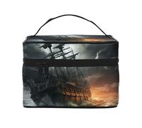 NONHAI Trousse de maquillage de voyage pour femme - Grande capacité - Trousse de toilette avec poignée - Motif coquillages et étoiles de mer, Bateau effrayant en mer, Taille unique