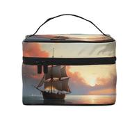 NONHAI Trousse de maquillage de voyage pour femme - Grande capacité - Trousse de toilette avec poignée - Motif coquillages et étoiles de mer, Paysage de voilier, Taille unique