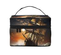 NONHAI Trousse de maquillage de voyage pour femme - Grande capacité - Trousse de toilette en velours texturé avec poignée - Organiseur de maquillage essentiel de voyage, Voilier dans la tempête,