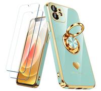 Nonional Compatible avec iPhone 11 avec 2 Films protecteurs d'écran, Anneau Rotatif à 360°, Motif cœurs de Luxe - Coque de téléphone Fine et Souple à Bords dorés pour iPhone 11 - Menthe