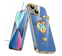 Nonional Compatible avec iPhone 13 avec 2 films protecteurs d'écran, anneau rotatif à 360°, motif cœurs de luxe, coque de téléphone fine et souple à bords dorés pour iPhone 13 (bleu lac)