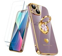 Nonional Compatible avec iPhone 13 avec 2 Films protecteurs d'écran, Anneau Rotatif à 360°, Motif cœurs de Luxe, Coque de téléphone Fine et Souple à Bords dorés pour iPhone 13 - Violet Clair