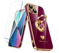 Nonional Compatible avec iPhone 13 avec 2 Films protecteurs d'écran, Anneau Rotatif à 360°, Motif cœurs de Luxe, Coque de téléphone Fine et Souple à Bords dorés pour iPhone 13 (Bordeaux)