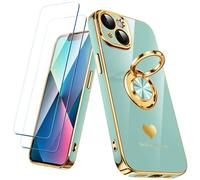 Nonional Compatible avec iPhone 13 avec 2 films protecteurs d'écran, anneau rotatif à 360°, motif cœurs de luxe, coque de téléphone fine et souple à bords dorés pour iPhone 13 - Menthe
