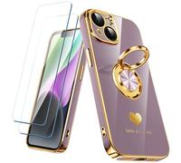 Nonional Compatible avec iPhone 14 avec 2 Films protecteurs d'écran, Anneau Rotatif à 360°, Motif cœurs de Luxe, Coque de téléphone Fine et Souple à Bords dorés pour iPhone 14 - Violet Clair