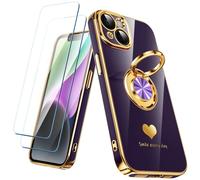 Nonional Compatible avec iPhone 14 avec 2 Films protecteurs d'écran, Anneau Rotatif à 360°, Motif cœurs de Luxe, Coque de téléphone Fine et Souple à Bords dorés pour iPhone 14 - Violet