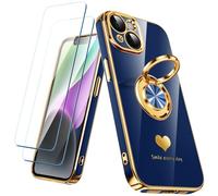 Nonional Compatible avec iPhone 14 avec 2 films protecteurs d'écran, anneau rotatif à 360°, motif cœurs de luxe, coque de téléphone fine et souple à bords dorés pour iPhone 14 - Bleu