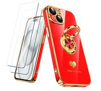 Nonional Compatible avec iPhone 15 avec 2 films protecteurs d'écran, anneau rotatif à 360°, motif cœurs de luxe, coque de téléphone fine et souple à bords dorés pour iPhone 15 (rouge)