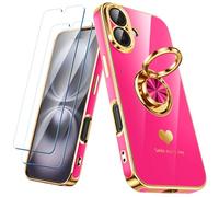 Nonional Compatible avec iPhone 16 avec 2 films protecteurs d'écran, anneau rotatif à 360°, motif cœurs de luxe, coque de téléphone fine et souple à bords dorés pour iPhone 16 - Rose vif