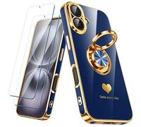Nonional Compatible avec iPhone 16 avec 2 films protecteurs d'écran, anneau rotatif à 360°, motif cœurs de luxe, coque fine et souple pour iPhone 16 - Bleu