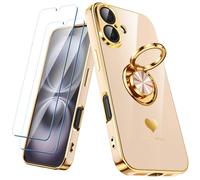 Nonional Compatible avec iPhone 16 avec 2 Films protecteurs d'écran, Anneau Rotatif à 360°, Motif cœurs de Luxe, Coque de téléphone Fine et Souple à Bords dorés pour iPhone 16 - Rose