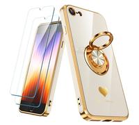 Nonional Compatible avec iPhone SE/8/7 avec 2 Films de Protection d'écran, Anneau Rotatif à 360°, Motif cœurs de Luxe, Bords dorés, Coque de téléphone Fine et Souple pour iPhone SE/8/7 - Blanc