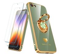 Nonional Compatible avec iPhone SE/8/7 avec 2 films de protection d'écran, anneau rotatif à 360°, motif cœurs de luxe, bords dorés, coque de téléphone fine et souple pour iPhone SE/8/7 - Vert clair