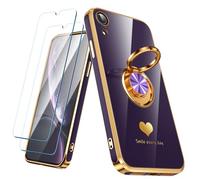 Nonional Compatible avec iPhone XR avec 2 Films protecteurs d'écran, Anneau Rotatif à 360°, Motif cœurs de Luxe, Coque Fine et Souple pour iPhone XR, Bord doré, Violet