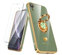 Nonional Compatible avec iPhone XR avec 2 films protecteurs d'écran, anneau rotatif à 360°, motif cœurs de luxe, coque fine et souple pour iPhone XR, bord doré, vert clair