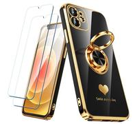 Nonional Coque Compatible avec iPhone 11 avec 2 Films protecteurs d'écran, Anneau Rotatif à 360°, Motif cœurs de Luxe, Bords dorés - Coque de téléphone Fine et Souple pour iPhone 11 - Noir
