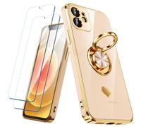 Nonional Coque Compatible avec iPhone 11 avec 2 Films protecteurs d'écran, Anneau Rotatif à 360°, Motif cœurs de Luxe, Coque de téléphone Fine et Souple à Bords dorés pour iPhone 11 - Rose