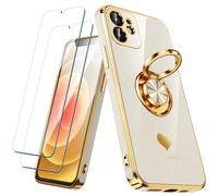 Nonional Coque Compatible avec iPhone 11 avec 2 Films protecteurs d'écran, Anneau Rotatif à 360°, Motif cœurs de Luxe - Coque de téléphone Fine et Souple à Bords dorés pour iPhone 11 - Blanc