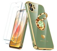 Nonional Coque compatible avec iPhone 11 avec 2 films protecteurs d'écran, anneau rotatif à 360°, motif cœurs de luxe - Coque fine et souple à bords dorés pour iPhone 11 - Vert clair