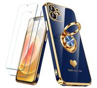 Nonional Coque Compatible avec iPhone 11 avec 2 Films protecteurs d'écran, Anneau Rotatif à 360°, Motif cœurs de Luxe - Coque de téléphone Fine et Souple à Bords dorés pour iPhone 11 - Bleu