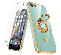 Nonional Coque compatible avec iPhone 6/6S avec 2 films protecteurs d'écran, anneau rotatif à 360°, motif cœurs de luxe, coque fine et souple pour iPhone 6/6S - Menthe