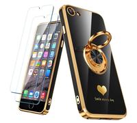 Nonional Coque compatible avec iPhone 6/6S avec 2 films protecteurs d'écran, anneau rotatif à 360°, motif cœurs de luxe, coque fine et souple pour iPhone 6/6S - Noir