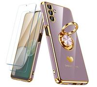 Nonional Coque pour Samsung Galaxy A13 5G/A04S avec 2 films protecteurs d'écran, anneau rotatif à 360°, motif cœurs de luxe, bords dorés - Coque fine et souple pour Samsung Galaxy A13 5G/A04S - Violet