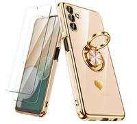 Nonional Coque pour Samsung Galaxy A13 5G/A04S avec 2 Films protecteurs d'écran, Anneau Rotatif à 360°, Motif cœurs de Luxe, Bords dorés - Coque Fine et Souple pour Samsung Galaxy A13 5G/A04S - Rose