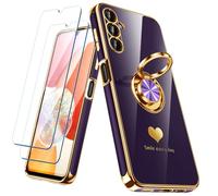 Nonional Coque pour Samsung Galaxy A14 5G avec 2 Films protecteurs d'écran, Anneau Rotatif à 360°, Motif cœurs de Luxe, Coque Fine et Souple pour Samsung Galaxy A14 5G - Violet