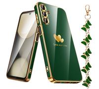 Nonional Coque pour Samsung Galaxy A15 5G avec lanière de poignet [Forme papillon], coque de téléphone fine et souple de luxe double cœur plaqué avec bord doré pour Galaxy A15 5G - Vert