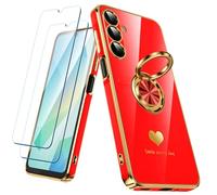 Nonional Coque pour Samsung Galaxy A16 5G avec 2 films protecteurs d'écran, anneau rotatif à 360°, motif cœurs de luxe, bords dorés - Coque fine et souple pour Samsung Galaxy A16 5G - Rouge