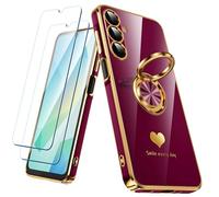 Nonional Coque pour Samsung Galaxy A16 5G avec 2 films protecteurs d'écran, anneau rotatif à 360°, motif cœurs de luxe, bords dorés - Coque fine et souple pour Samsung Galaxy A16 5G - Bordeaux