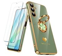 Nonional Coque pour Samsung Galaxy A16 5G avec 2 films protecteurs d'écran, anneau rotatif à 360°, motif cœurs de luxe, bords dorés - Coque fine et souple pour Samsung Galaxy A16 5G - Vert clair