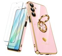 Nonional Coque pour Samsung Galaxy A16 5G avec 2 Films protecteurs d'écran, Anneau Rotatif à 360°, Motif cœurs de Luxe, Bords dorés - Coque Fine et Souple pour Samsung Galaxy A16 5G - Fille Rose
