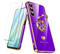 Nonional Coque pour Samsung Galaxy A16 5G avec 2 Films protecteurs d'écran, Anneau Rotatif à 360°, Motif cœurs de Luxe, Bords dorés - Coque Fine et Souple pour Samsung Galaxy A16 5G - Violet Fluo