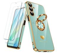 Nonional Coque pour Samsung Galaxy A16 5G avec 2 Films protecteurs d'écran, Anneau Rotatif à 360°, Motif cœurs de Luxe, Bords dorés - Coque Fine et Souple pour Samsung Galaxy A16 5G - Menthe