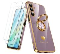 Nonional Coque pour Samsung Galaxy A16 5G avec 2 Films protecteurs d'écran, Anneau Rotatif à 360°, Motif cœurs de Luxe, Bords dorés - Coque Fine et Souple pour Samsung Galaxy A16 5G - Violet Clair