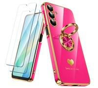 Nonional Coque pour Samsung Galaxy A16 5G avec 2 films protecteurs d'écran, anneau rotatif à 360°, motif cœurs de luxe, bords dorés - Coque fine et souple pour Samsung Galaxy A16 5G - Rose vif