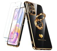 Nonional Coque pour Samsung Galaxy A23 5G/4G avec 2 Films protecteurs d'écran, Anneau Rotatif à 360°, Motif cœurs de Luxe, Bords dorés - Coque Fine et Souple pour Samsung Galaxy A23 5G/4G - Noir