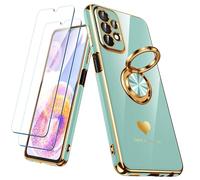 Nonional Coque pour Samsung Galaxy A23 5G/4G avec 2 films protecteurs d'écran, anneau rotatif à 360°, motif cœurs de luxe, bords dorés - Coque fine et souple pour Samsung Galaxy A23 5G/4G - Menthe