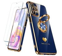 Nonional Coque pour Samsung Galaxy A23 5G/4G avec 2 films protecteurs d'écran, anneau rotatif à 360°, motif cœurs de luxe, bords dorés - Coque fine et souple pour Samsung Galaxy A23 5G/4G - Bleu
