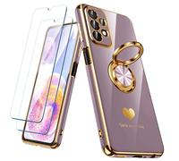 Nonional Coque pour Samsung Galaxy A23 5G/4G avec 2 Films protecteurs d'écran, Anneau Rotatif à 360°, Motif cœurs de Luxe, Bords dorés - Coque Fine et Souple pour Samsung Galaxy A23 5G/4G - Violet