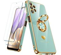 Nonional Coque pour Samsung Galaxy A32 5G avec 2 Films protecteurs d'écran, Anneau Rotatif à 360°, Motif cœurs de Luxe, Bords dorés - Coque Fine et Souple pour Samsung Galaxy A32 5G - Menthe