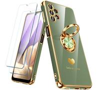 Nonional Coque pour Samsung Galaxy A32 5G avec 2 films protecteurs d'écran, anneau rotatif à 360°, motif cœurs de luxe, bords dorés - Coque fine et souple pour Samsung Galaxy A32 5G - Vert clair