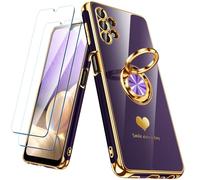 Nonional Coque pour Samsung Galaxy A32 5G avec 2 Films protecteurs d'écran, Anneau Rotatif à 360°, Motif cœurs de Luxe, Bords dorés - Coque Fine et Souple pour Samsung Galaxy A32 5G - Violet