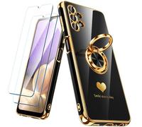 Nonional Coque pour Samsung Galaxy A32 5G avec 2 Films protecteurs d'écran, Anneau Rotatif à 360°, Motif cœurs de Luxe, Bords dorés - Coque Fine et Souple pour Samsung Galaxy A32 5G - Noir
