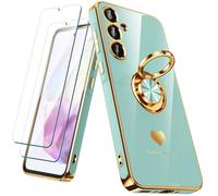 Nonional Coque pour Samsung Galaxy A35 5G avec 2 Films protecteurs d'écran, Anneau Rotatif à 360°, Motif cœurs de Luxe, Coque Fine et Souple pour Samsung Galaxy A35 5G - Menthe